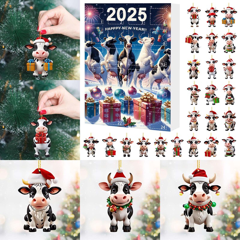 跨境2025圣诞降临倒计时盲盒 圣诞老人奶牛农场挂件圣诞树装饰品|undefined