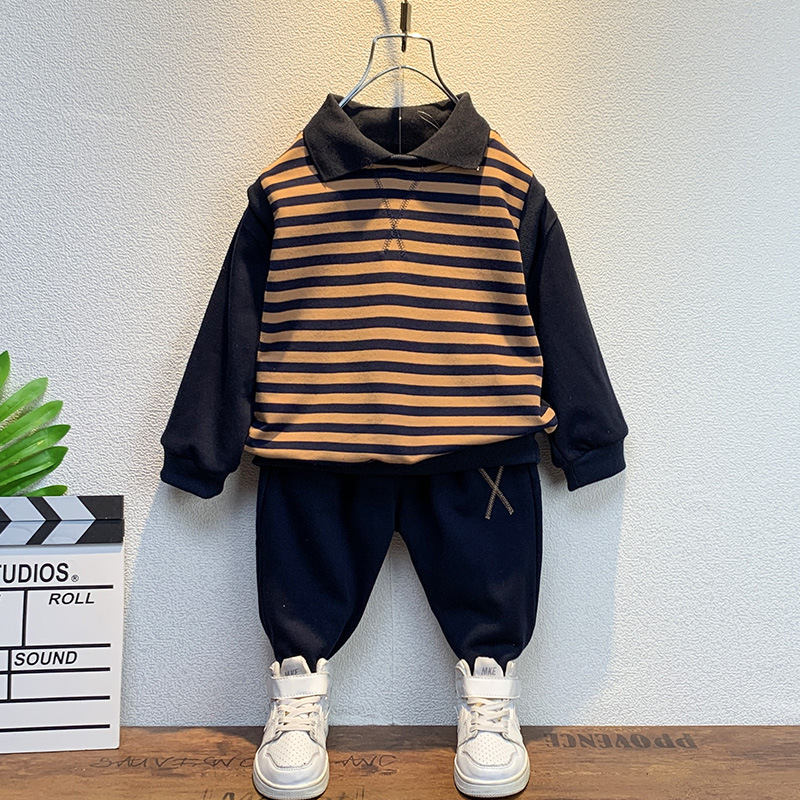 Chlapecký pruhovaný pletený set na jaro/podzim 2023, nový dětský stylový a ležérní dvoudílný set, ve westernovém stylu pro miminka_voghion.com