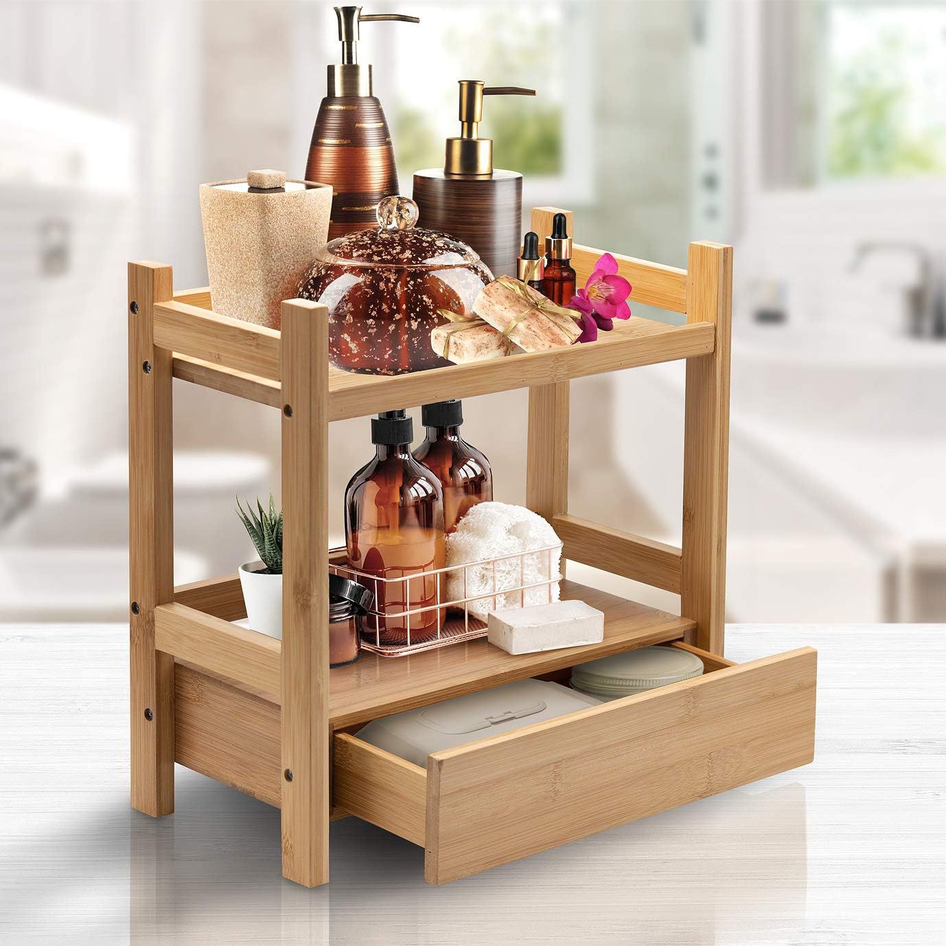 Cross-Border Bamboo Cosmetics Storage Rack with Drawer Storage Rack Household Double-Layer Sundries Storage Cosmetics Storage Rack