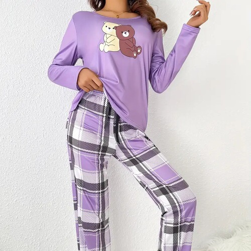 Western and Eastern Home Wear Fall and Winter Pajama Set with Long Sleeve Printed Plaid Pants, Two-Piece Set