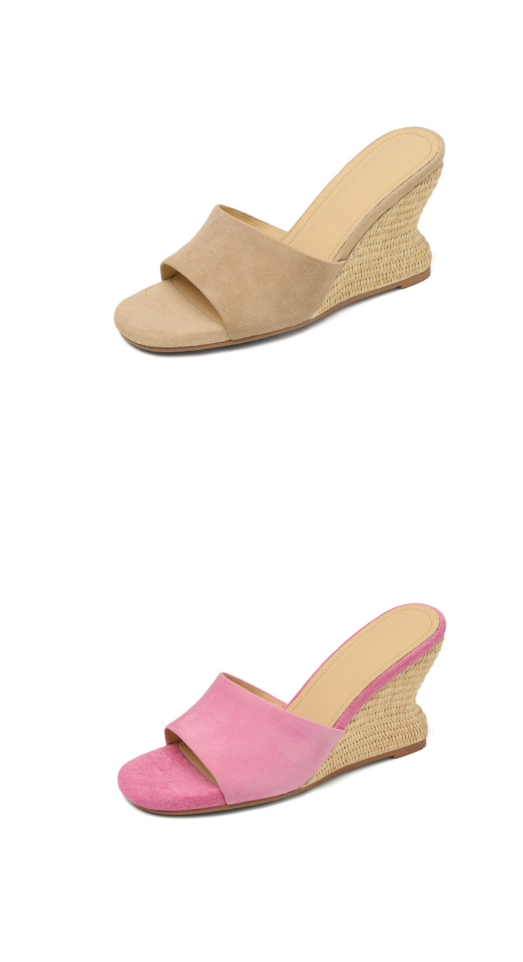 Dép sandal nữ quai ngang gót xuồng cao 9 cm, mũi hở, chất liệu da lộn giả cừu — Hồng, Màu hạnh- chi tiết 17