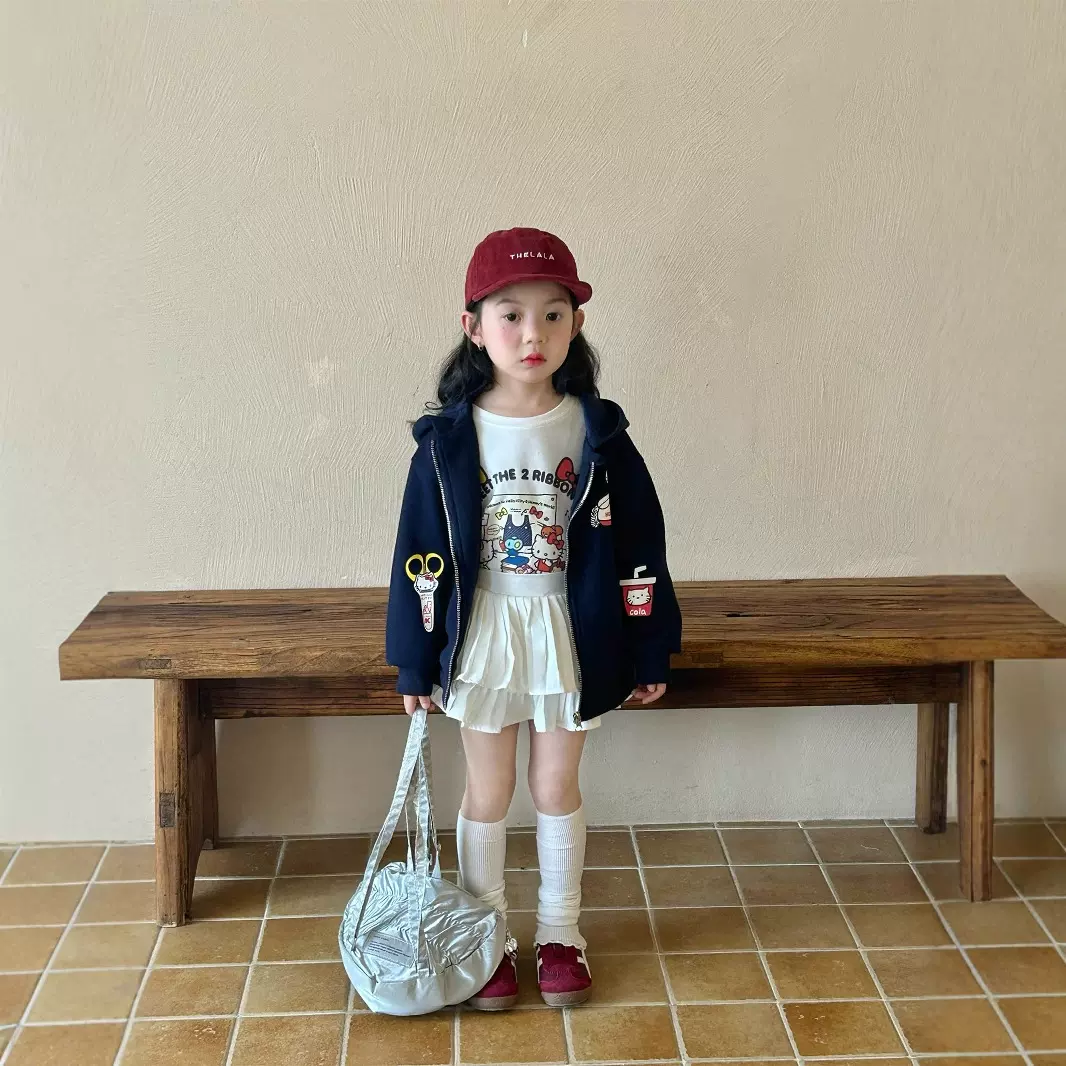 2025秋季新款 女童卡通连帽外套+洋气长袖T恤＋荷叶边裙裤三件套