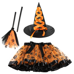 ハロウィーンの新しいプリントネットの糸tuuスカートの女性の巫帽は蓬蓬のスカートの3つのセットを欧米の女の子のスカートに詰めます。
