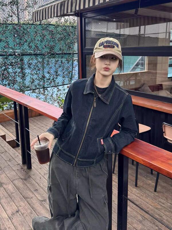美式复古短款拉链休闲牛仔夹克外套女2025早秋薄款港风运动上衣潮|undefined