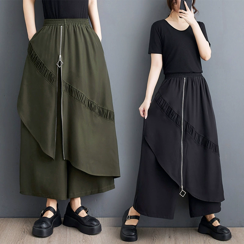 Настоящая фотография лета 2024 года, новые нишевые широкие брюки в гонконгском стиле с уникальной застежкой-молнией, модные универсальные однотонные брюки и юбки.