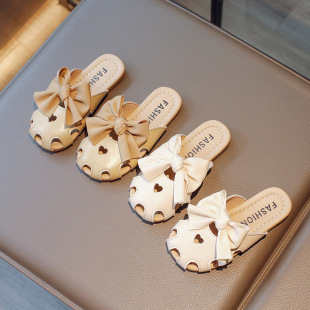 Children's Slippers Summer New Hollow Bow Toe Sandals Korean-style Western-style Non-slip Soft Bottom Middle and Large Children's Sandals
