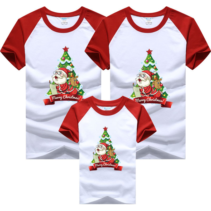 Traje para padres e hijos una manga raglán de cuatro bocas verano levante su mano Árbol de Navidad Regalo de Navidad para niños manga corta color a juego camiseta transfronteriza