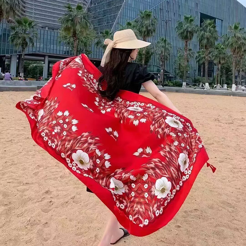 Sopa de satén de twill para mujeres 2025 bufandas de viento nacional de verano tibetanas bufandas de seda protector solar lago Qinghai turismo foto toalla de playa