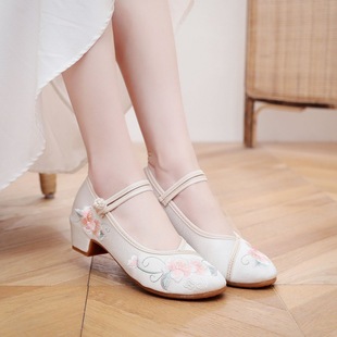 Cloth Shoes Female Recovery Embroidered Chinoiserie High-heeled Shoes Round Toe Fashion Tea Art Ethnic Style Shoes