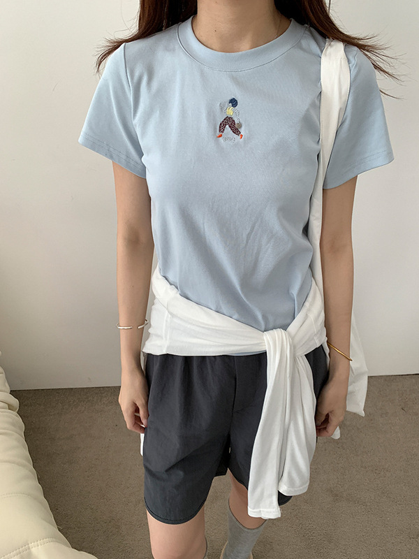 Suna 韓国版万能ラウンドネックキャラクター刺繍シンプル半袖Tシャツレディースゆったり着痩せトップスfromanna|undefined