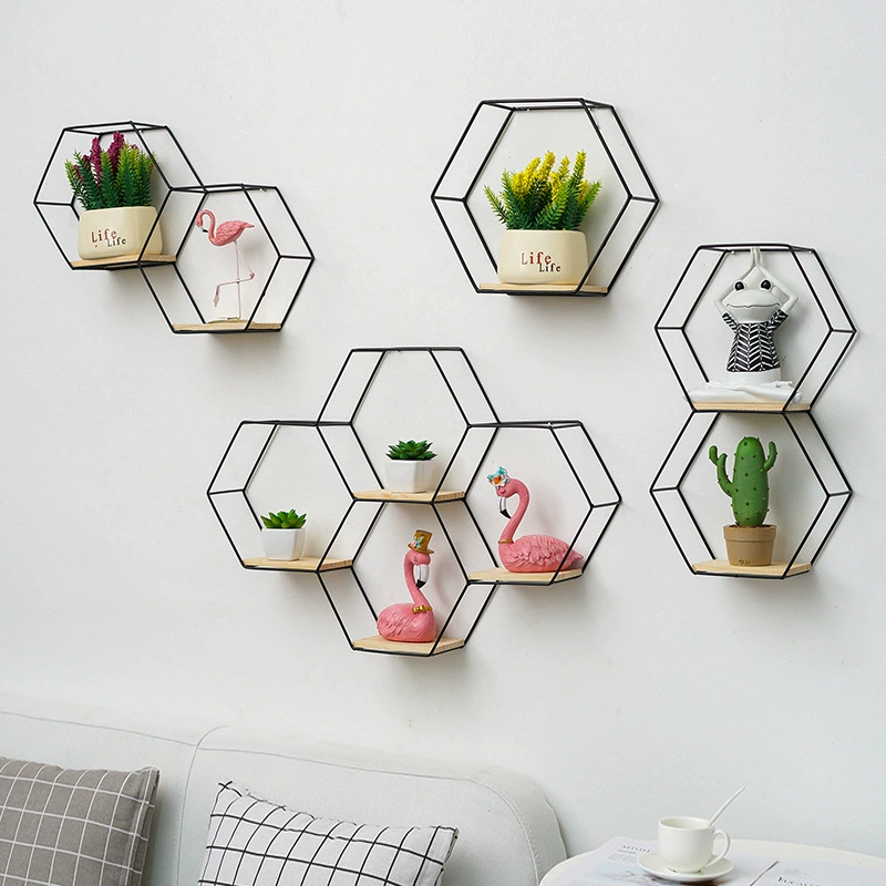 Wall storage rack hexagonal, no‑punch metal hanging shelves, modular single & multi‑unit combinations