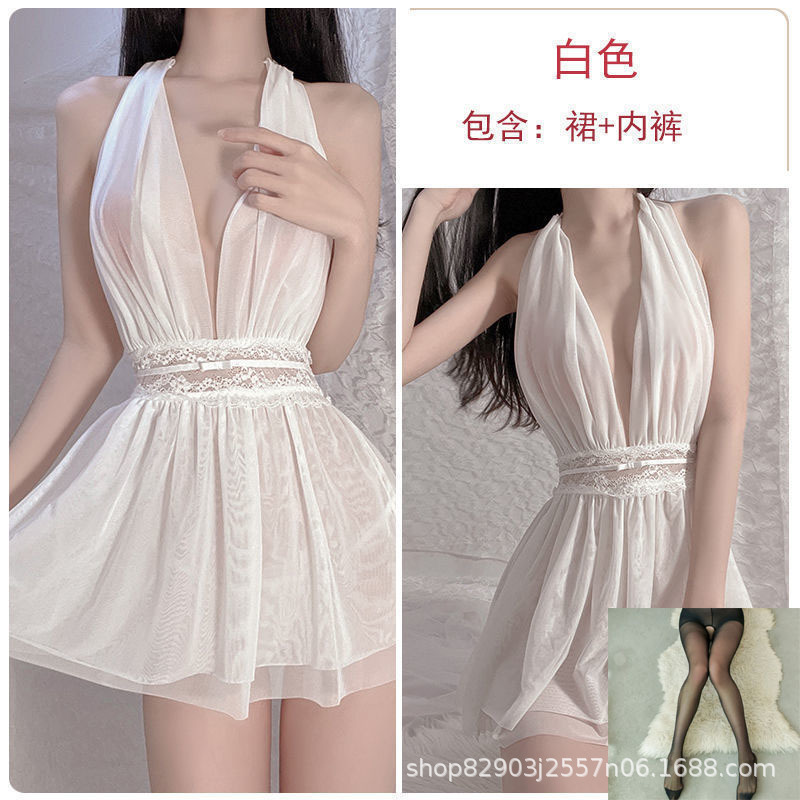 흰색 잠옷 + 속옷 + 검정색 가랑이 없는 스타킹 q1500