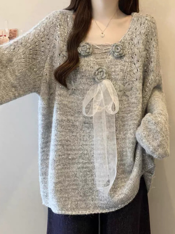 立体花朵亮片V领针织衫毛衣女款春秋2025大码胖mm法式蝴蝶结上衣|undefined
