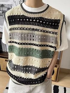 American Retro Color-Block Striped Vest Unisex Summer Trendy Brand Knitted Hollow-Out Clothing Sleeveless Sweater T-Shirt