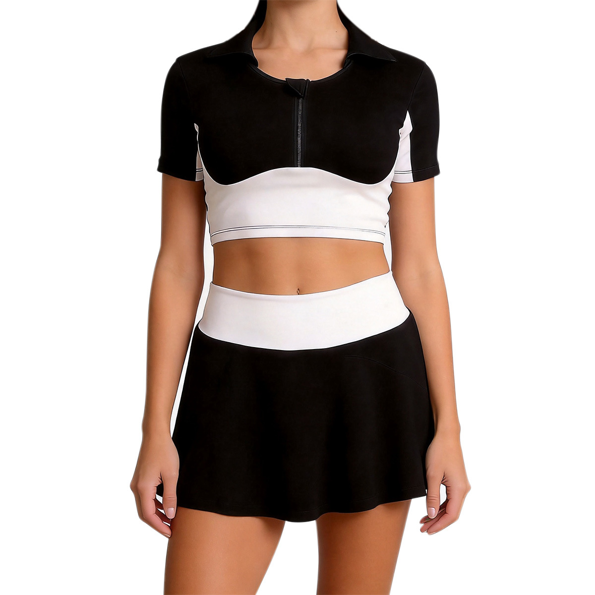 Tenis transfronterizo estilo americano Polo cuello yoga conjunto de mujer de color contraste mangas cortas falda rápida secado conjunto deportivo