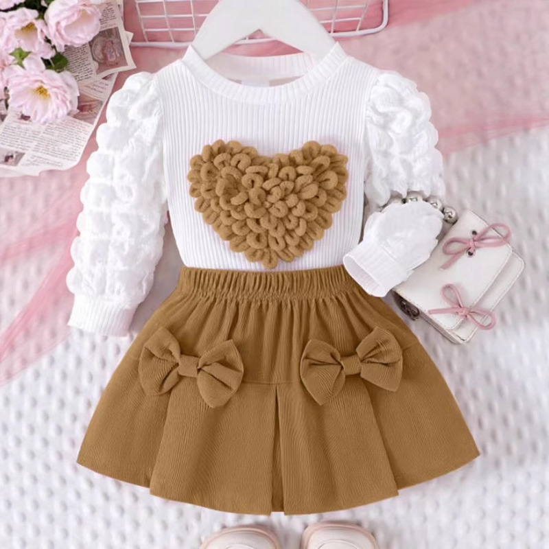 Children's clothing New Puff Sleeve Love Cap Top Rose Bow Skirt Set Children's clothing New Puff Sleeve Love Cap Top Rose Bow Skirt Set