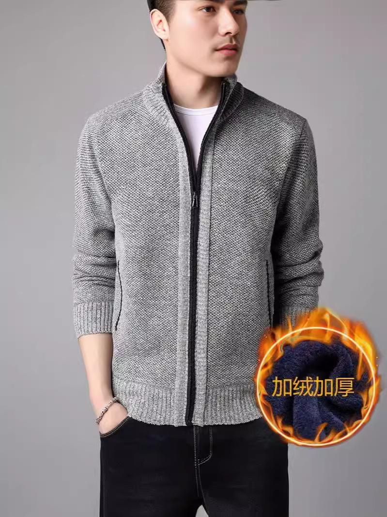 [Forrado de vellón engrosado] 2020 Otoño e invierno nuevos hombres cardigan suéter cuello alto suéter más tamaño suéter abrigo