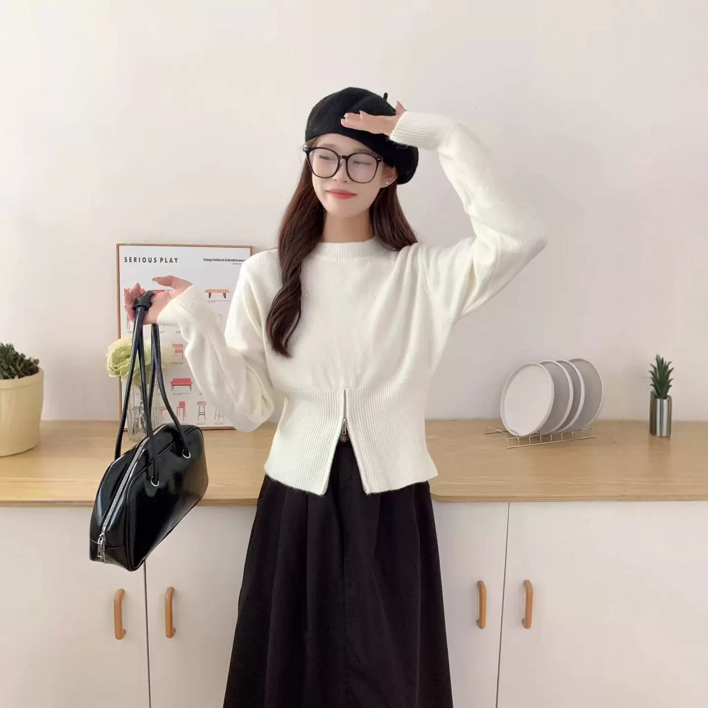 短款拉链套头毛衣女秋冬季洋气高级感收腰显瘦小众圆领针织上衣潮