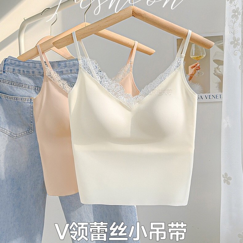 Popular Lace Sexy Liquid Foundation Camisole Women's Belly-Covering Bra Pads White Intimates Outer Wear Inner Tops