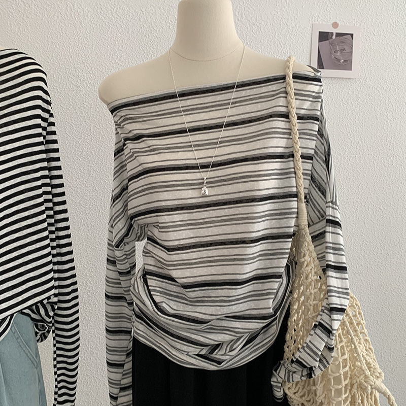 Omalai Off-Shoulder Thin Long-Sleeve Sun-Protective Striped T-Shirt for Women Fashion Design Top Trendy 3951