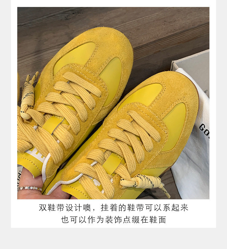 Giày sneaker nữ da bò phối màu mũi tròn dây buộc tăng chiều cao — Màu trắng nhạt, màu sô cô la, màu vàng, màu đen chi tiết 21