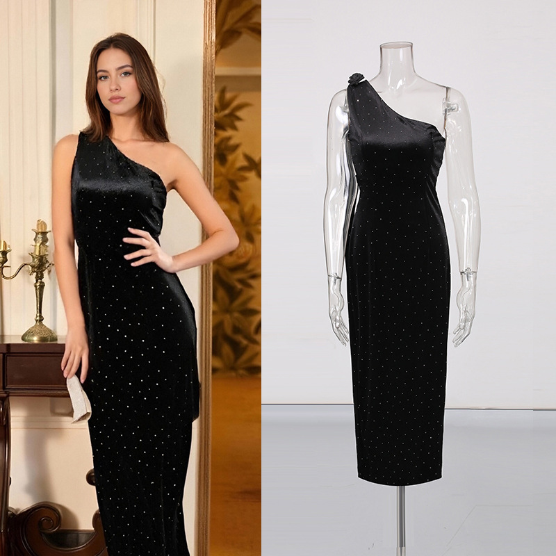 Ball Gown Tube Top Dress, Black Long Dress for Toasting, 2026 Summer New Women's Clothing, Fine Glitter 3D Floral Dress