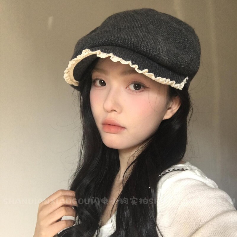 花边针织前进帽^多种戴法复古小众羊毛针织花边前进帽子女春秋|undefined