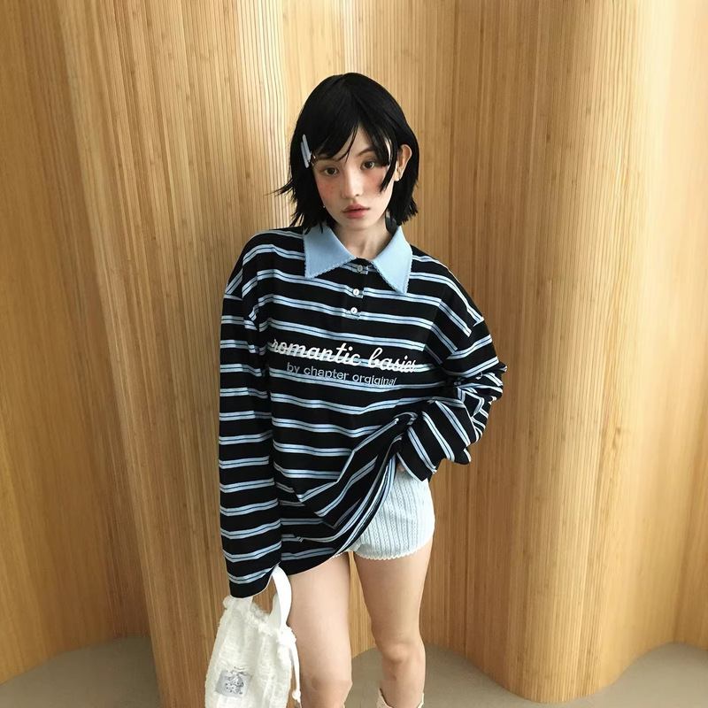 Korean Chic Autumn New Retro Niche Polo Collar Embroidered Letter Print Loose Long-Sleeve Striped Sweatshirt for Women Korean Chic Autumn New Retro Niche Polo Collar Embroidered Letter Print Loose Long-Sleeve Striped Sweatshirt for Women