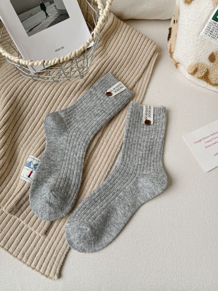 5shuang Button Wool Stockings Children's Medium Tube Socks Solid Color Thickened Warm Versatile Japanese Stacking Socks_voghion.com