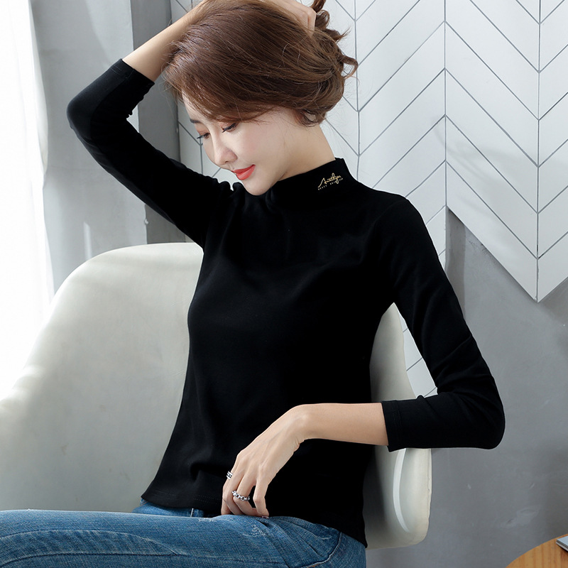 248 닦은 바닥 셔츠 여성용 슬림 핏 내복 유행 하이 엔드 서양식 작은 셔츠 자수 반 터틀넥 탑 두께