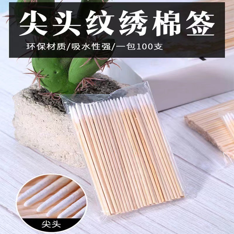 移植されたつけまつげ、小さなヘッド綿棒、先のとがった木目調刺繍、先のとがった小さな綿棒、細いヘッドメイクアップクリーニング綿棒|undefined