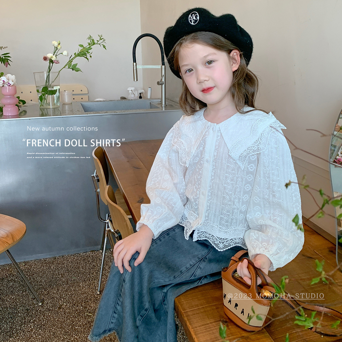 Camisa de muñeca de las niñas 2023 otoño nuevo estilo dulce bordado hueco superior de los niños camisa superior de encaje