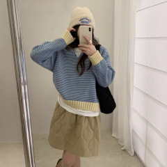 韩系小翻领纽扣套头细条纹撞色针织衫女秋冬新款宽松百搭套头毛衣