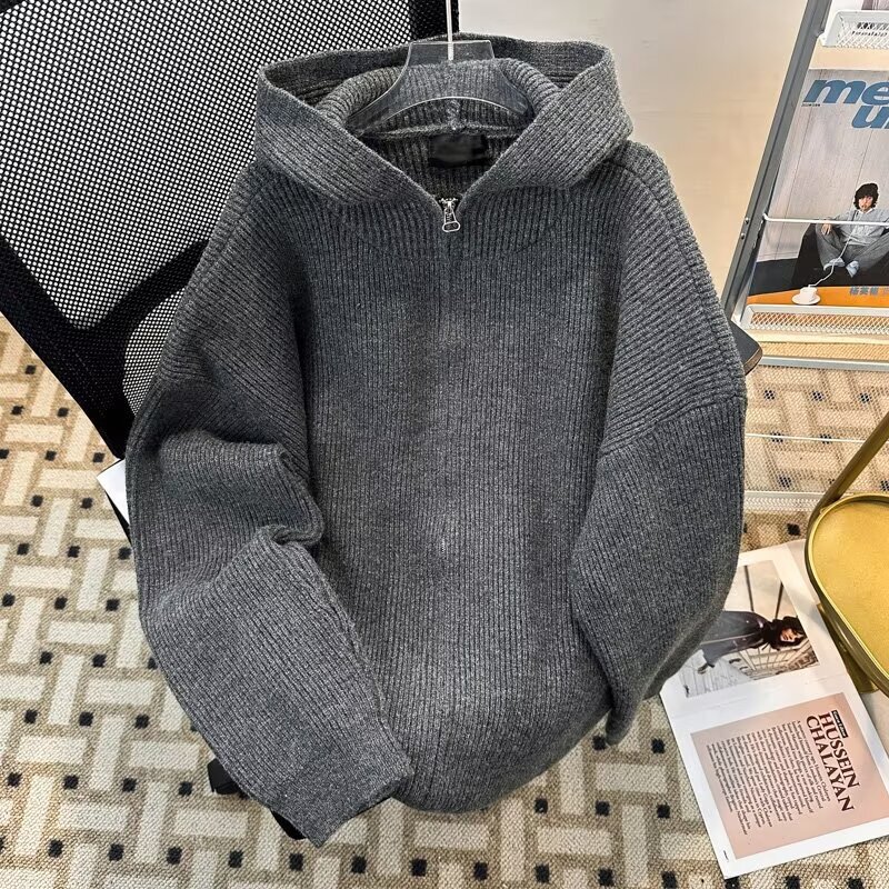Double Zipper Cardigan Sweater Men's Autumn and Winter Lazy Style Hooded Sweater Trendy American Style cleanfit Jacket