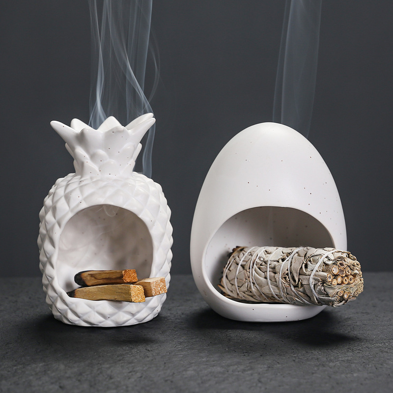 欧式陶瓷氛围布置工艺品菠萝香薰炉创意蛋壳秘鲁圣木燃烧支架托盘|undefined