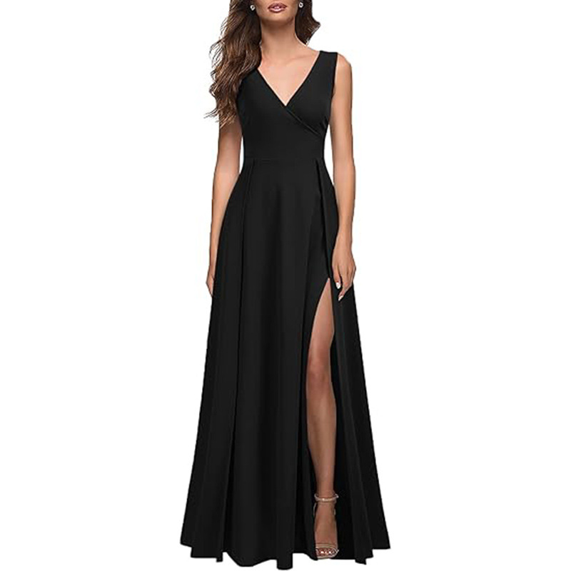 Cross-Border Large Size Pure Color Evening Dress Women's V Neck Sleeveless Slit Formal Dress Cocktail Party Prom Long Dress