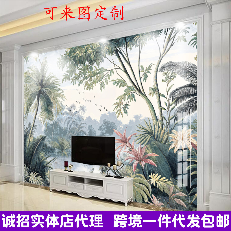 跨境壁纸亚马逊3D壁纸Ai热带雨林树林3D电视背景墙壁画客厅背景墙