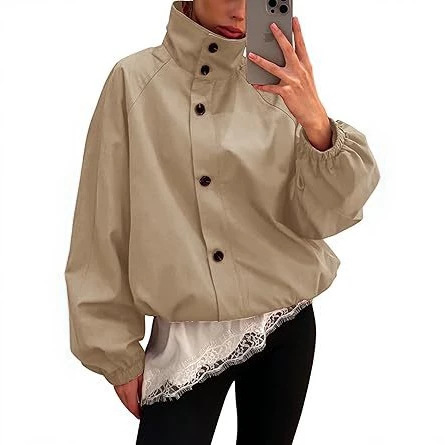 2026 Autumn New Women's Stand Collar Fashion Jacket Buttoned Funnel Collar Jacket Oversized Lightweight Trench Coat