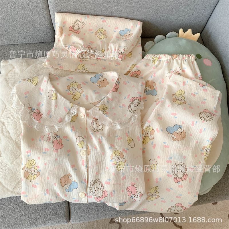 Japanese Style Cartoon Loose Large Size Pajamas for Women Spring and Summer Short-Sleeved Trousers Cloud Cotton Doll Collar Thin Three-Piece Suit