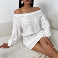 亚马逊欧美跨境女装 一字肩性感长袖针织 无肩带毛茸茸白色连衣裙