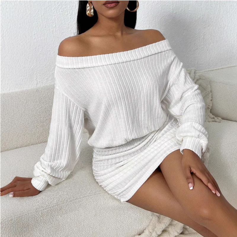 Amazon European and American Cross-border Women's Off-shoulder Sexy Long-sleeved Knitted Strapless Furry White dress