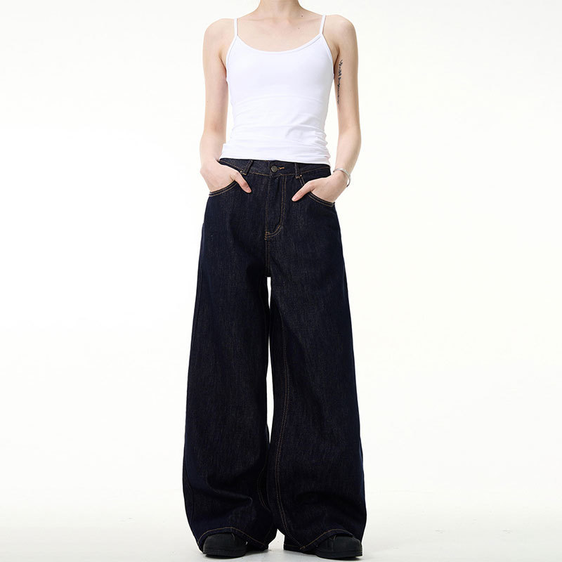 American Simple Retro Blue Straight Jeans for Men and Women Basic Loose Wide-Leg Cleanfit Pants Trendy