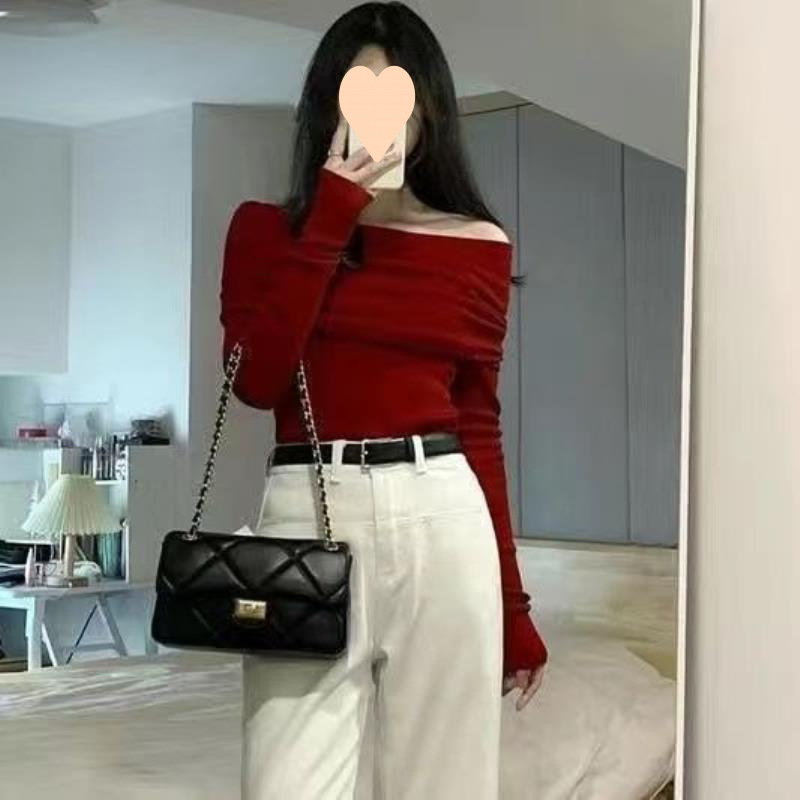 紅色設計感一字肩針織衫女秋季新款純欲風露肩修身上衣潮流恤