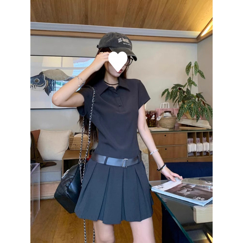 法式美式灰色polo领短袖T恤连衣裙夏季女小个子修身显瘦A字百褶裙|undefined