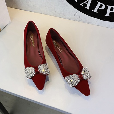 3685-H03 French Commuting Leisure Versatile Xishi Velvet Diamond Bow Slope Heel Temperament Pointed Single Shoes for Wom