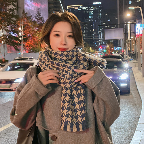 Retro Houndstooth Scarf Women's Winter  New Korean Version Versatile Imitation Cashmere Warm Student Couple Scarf Thick