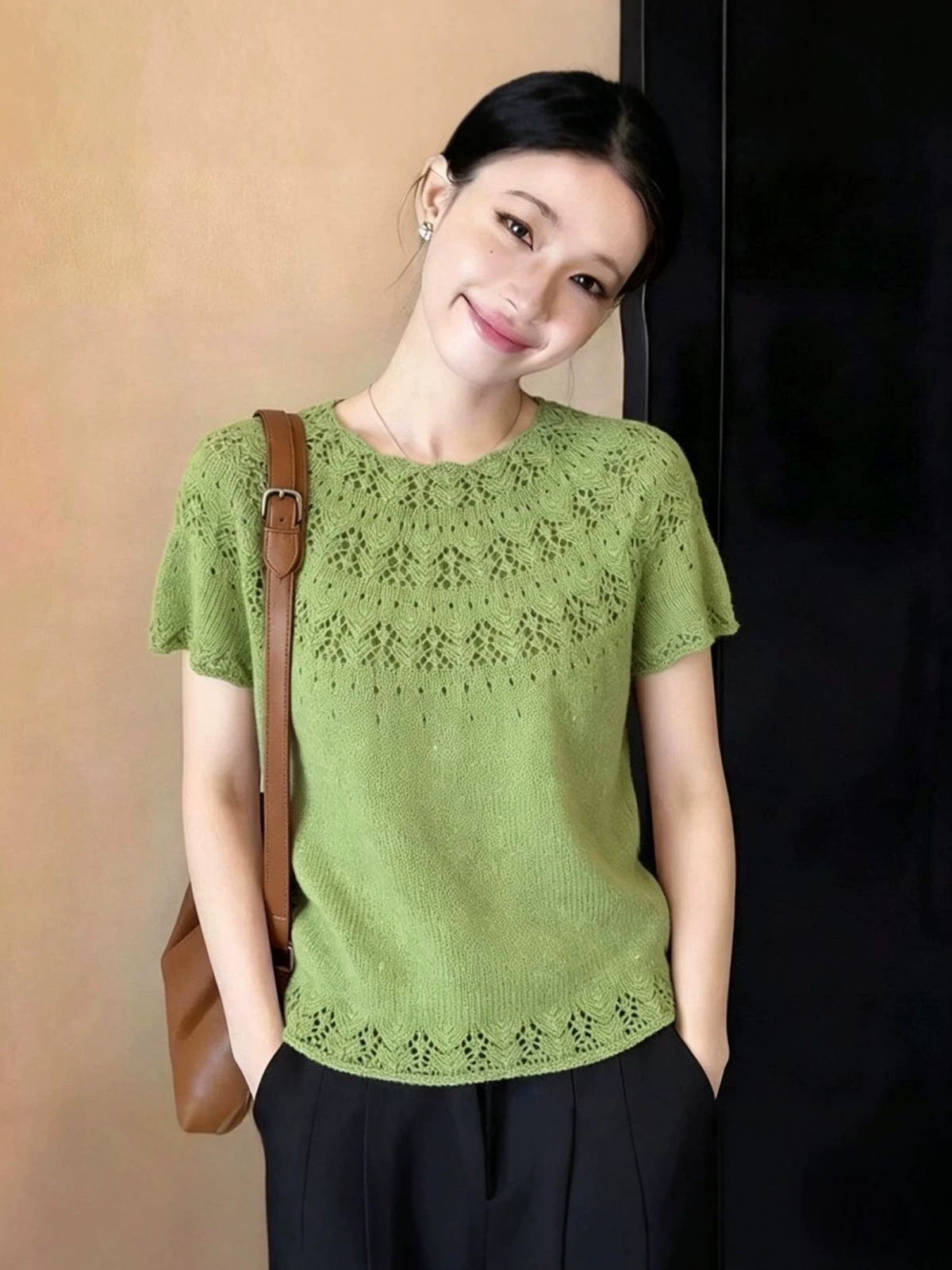 Áo thun nữ tay ngắn cổ tròn phong cách quý cô mùa xuân hè — tím hoa cà
