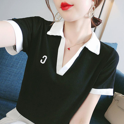 Plus-size women's polo shirts, regular shoulders, short-sleeved T-shirts, 2025 summer, slightly plump mm, hide belly, lose weight, V-neck tops