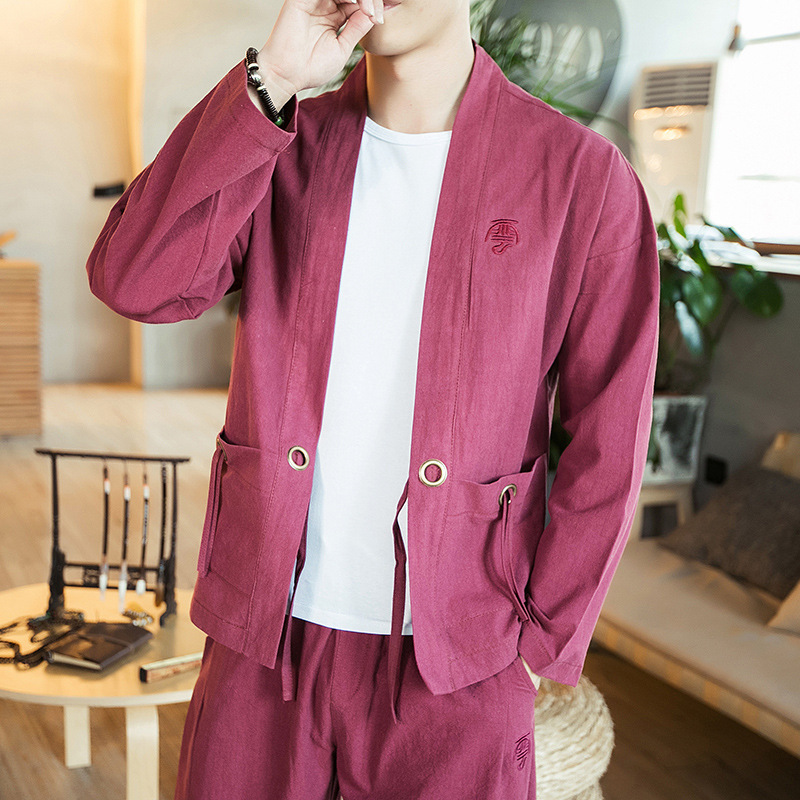 Men's Cotton and Linen Jacket Chinese Style Japanese Kimono Buddha Style Taoist Robe Hanfu Fashionable Embroidered Outer Casual Jacket