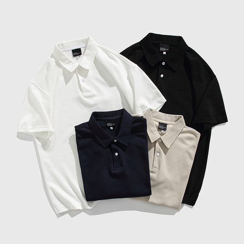 American casual heavy-duty polo shirts for men, loose short-sleeve stand-up collar T-shirts, dropped shoulders, solid color, versatile men's summer clothing